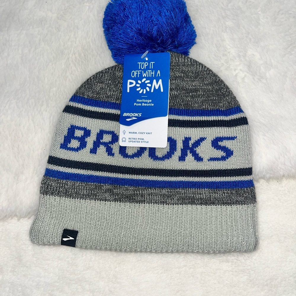 Brooks Gray and Blue Pom Beanie